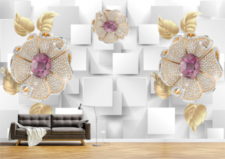 Flori - Tapet Premium Canvas - Flori aurii cu perle