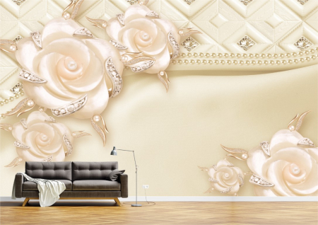Flori - Tapet Premium Canvas - Flori aurii cu perle bronz
