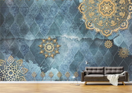 Flori - Tapet Premium Canvas - Flori aurii pe albastru