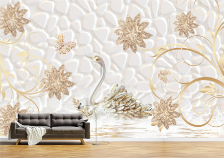Flori - Tapet Premium Canvas - Flori aurii si lebada