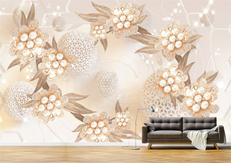 Flori - Tapet Premium Canvas - Flori aurii si perle albe