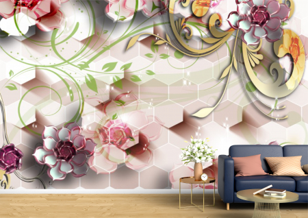 Abstract - Abstract 3D - Tapet Premium Canvas - Flori colorate si hexagoane 3d abstract