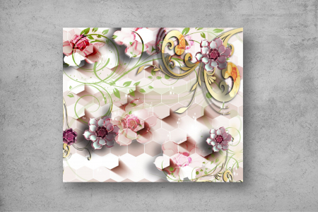 Tapet Premium Canvas - Flori colorate si hexagoane 3d abstract [1]