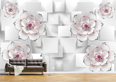 Flori - Tapet Premium Canvas - Flori gri cu alb