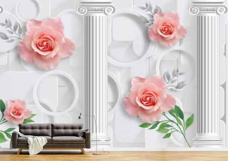 Abstract - Abstract 3D - Tapet Premium Canvas - Flori roz coloane si cercuri abstract 3d