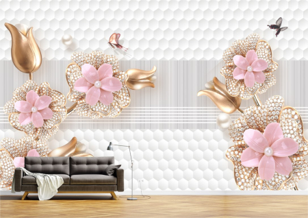 Flori - Tapet Premium Canvas - Flori roz si aurii