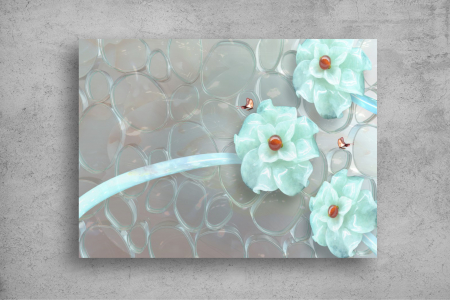 Tapet Premium Canvas - Flori turcoaz fluturi si perle 3d abstract [1]