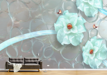 Abstract - Abstract 3D - Tapet Premium Canvas - Flori turcoaz fluturi si perle 3d abstract