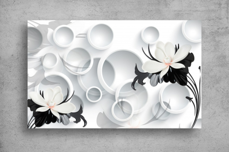 Tapet Premium Canvas - Florile alb-negre si cercurile 3d abstract [1]