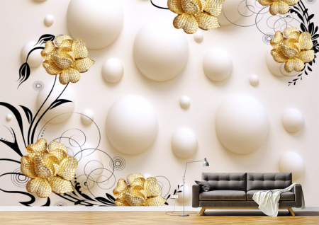 Abstract - Abstract 3D - Tapet Premium Canvas - Florile galbene cu perle si sfere in fundal 3d abstract