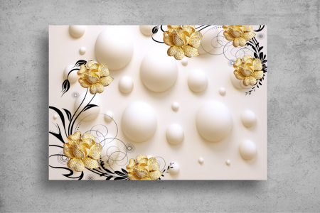 Tapet Premium Canvas - Florile galbene cu perle si sfere in fundal 3d abstract [1]