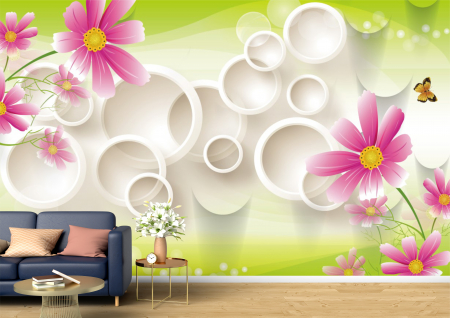 Abstract - Abstract 3D - Tapet Premium Canvas - Florile roz fluturii si cercurile 3d abstract