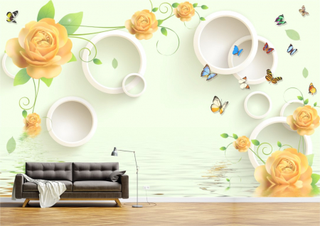 Flori - Tapet Premium Canvas - Fluturi si flori aurii