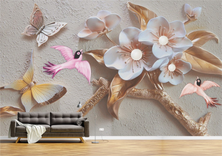 Flori - Tapet Premium Canvas - Fluturi si flori colorate