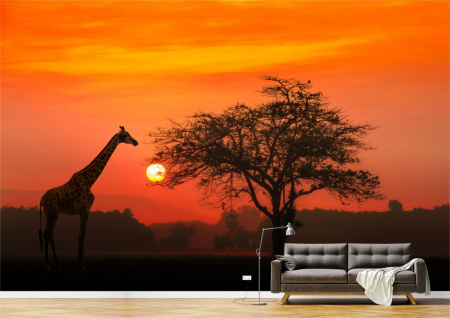 Animale - Tapet Premium Canvas - Girafa si salcamul la apus