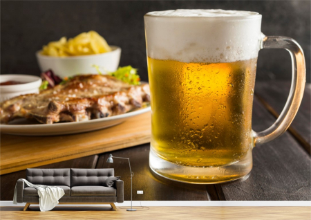 Food&drinks - Tapet Premium Canvas - Halba de bere cu carne si chipsuri