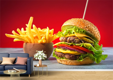 Food&drinks - Tapet Premium Canvas - Hamburger dublu cu cartofi