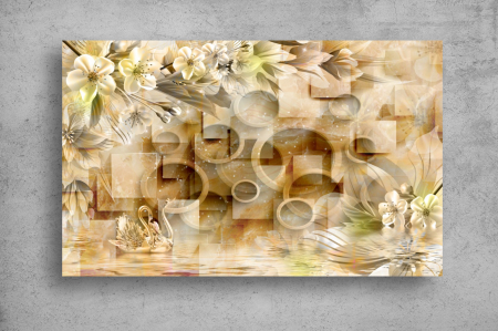 Tapet Premium Canvas - Lebede din portelan flori si cercuri 3d abstract [1]