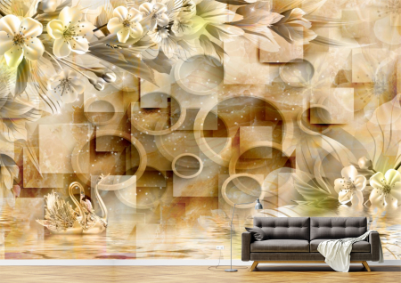 Abstract - Abstract 3D - Tapet Premium Canvas - Lebede din portelan flori si cercuri 3d abstract