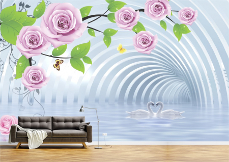 Flori - Tapet Premium Canvas - Lebede si flori abstract