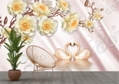 Animale - Tapet Premium Canvas - Lebede si flori abstract
