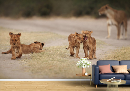 Animale - Tapet Premium Canvas - Mama si puii de lei