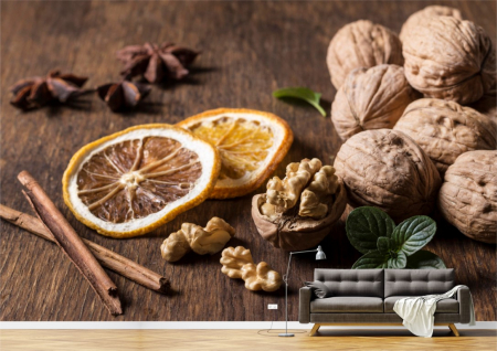 Food&drinks - Tapet Premium Canvas - Nuci si felii de lamaie pe platou de lemn