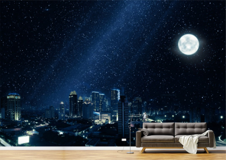 Urbane - Tapet Premium Canvas - Orasul stelele si luna la miezul noptii