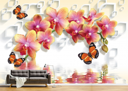 Abstract - Abstract 3D - Tapet Premium Canvas - Orhideea si fluturii se reflecta in apa 3d abstract