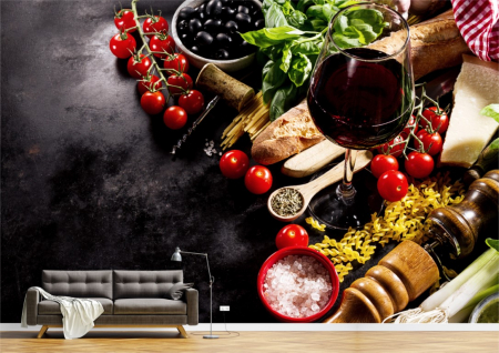 Food&drinks - Tapet Premium Canvas - Pahar de vin cu paine si legume