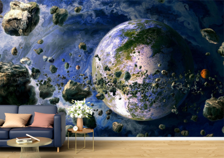 Univers - Tapet Premium Canvas - Pamantul si bucatile de meteorit