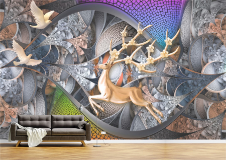 Animale - Tapet Premium Canvas - Pasari si cerb abstract