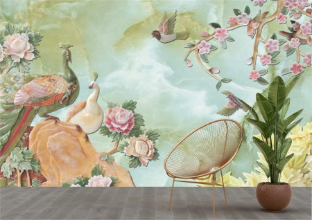 Animale - Tapet Premium Canvas - Pasari si flori
