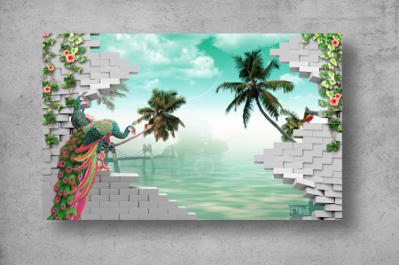 Tapet Premium Canvas - Paunul palmierii si zidul 3d abstract [1]