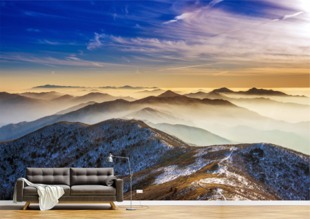 Peisaje - Tapet Premium Canvas - Peisaj de iarna cu muntii acoperiti de ceata