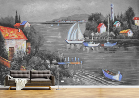 Peisaje - Tapet Premium Canvas - Pictura barci pe lac