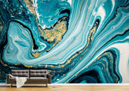 Abstract - Abstract 3D - Tapet Premium Canvas - Pictura cu nuante de albastru si auriu abstract