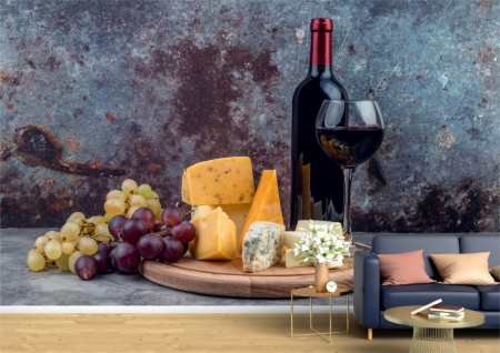 Food&drinks - Tapet Premium Canvas - Platou de branzeturi cu vin rosu si struguri