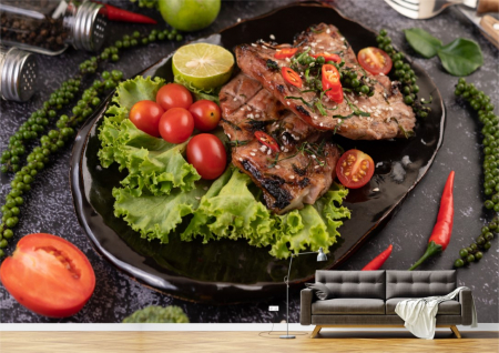 Food&drinks - Tapet Premium Canvas - Platou de porc cu legume