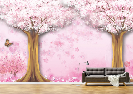 Flori - Tapet Premium Canvas - Pomi si fluture abstract