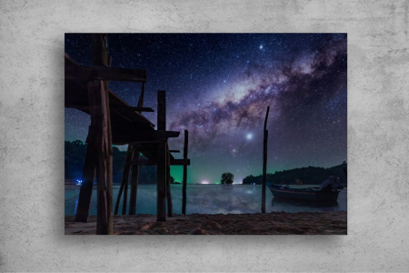 Tapet Premium Canvas - Puntea din lemn si barcile sub cerul noptii [1]