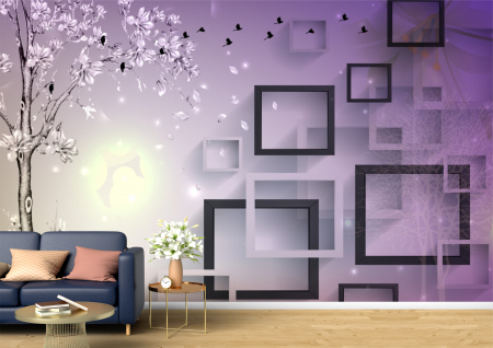 Abstract - Abstract 3D - Tapet Premium Canvas - Ramura de copac pasarile si cuburile 3d abstract