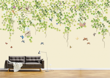 Flori - Tapet Premium Canvas - Ramuri si pasari