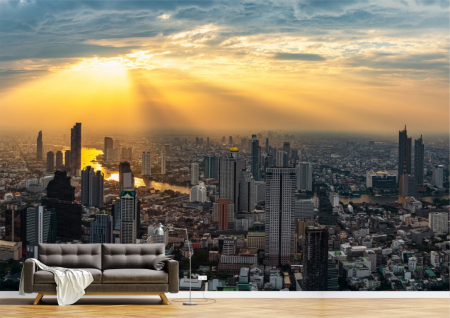 Urbane - Tapet Premium Canvas - Razele soarelui la rasarit deasupra orasului