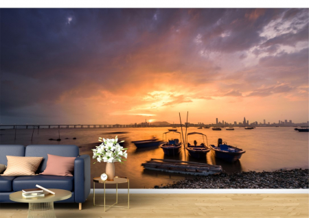 Urbane - Tapet Premium Canvas - Salupe la malul apei in lumina apusului