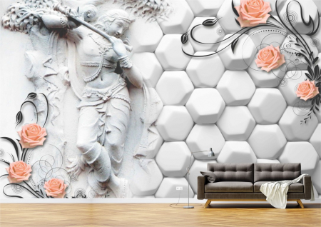 Flori - Tapet Premium Canvas - Statuie si flori