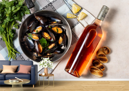 Food&drinks - Tapet Premium Canvas - Sticla de vin cu scoici si paine prajita