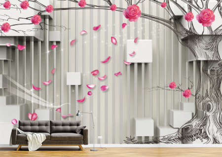 Abstract - Abstract 3D - Tapet Premium Canvas - Trandafirii petalele si cuburile 3d abstract