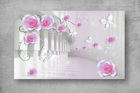 Tapet Premium Canvas - Trandafirii roz fluturii si tunelul 3d abstract [1]
