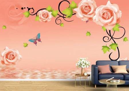 Abstract - Abstract 3D - Tapet Premium Canvas - Trandafirii roz si fluturi 3d abstract
